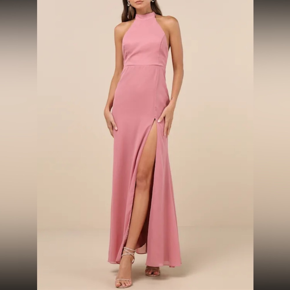 Lulu's Dusty Rose Halter Open-Back Maxi Dress formal, black tie wedding